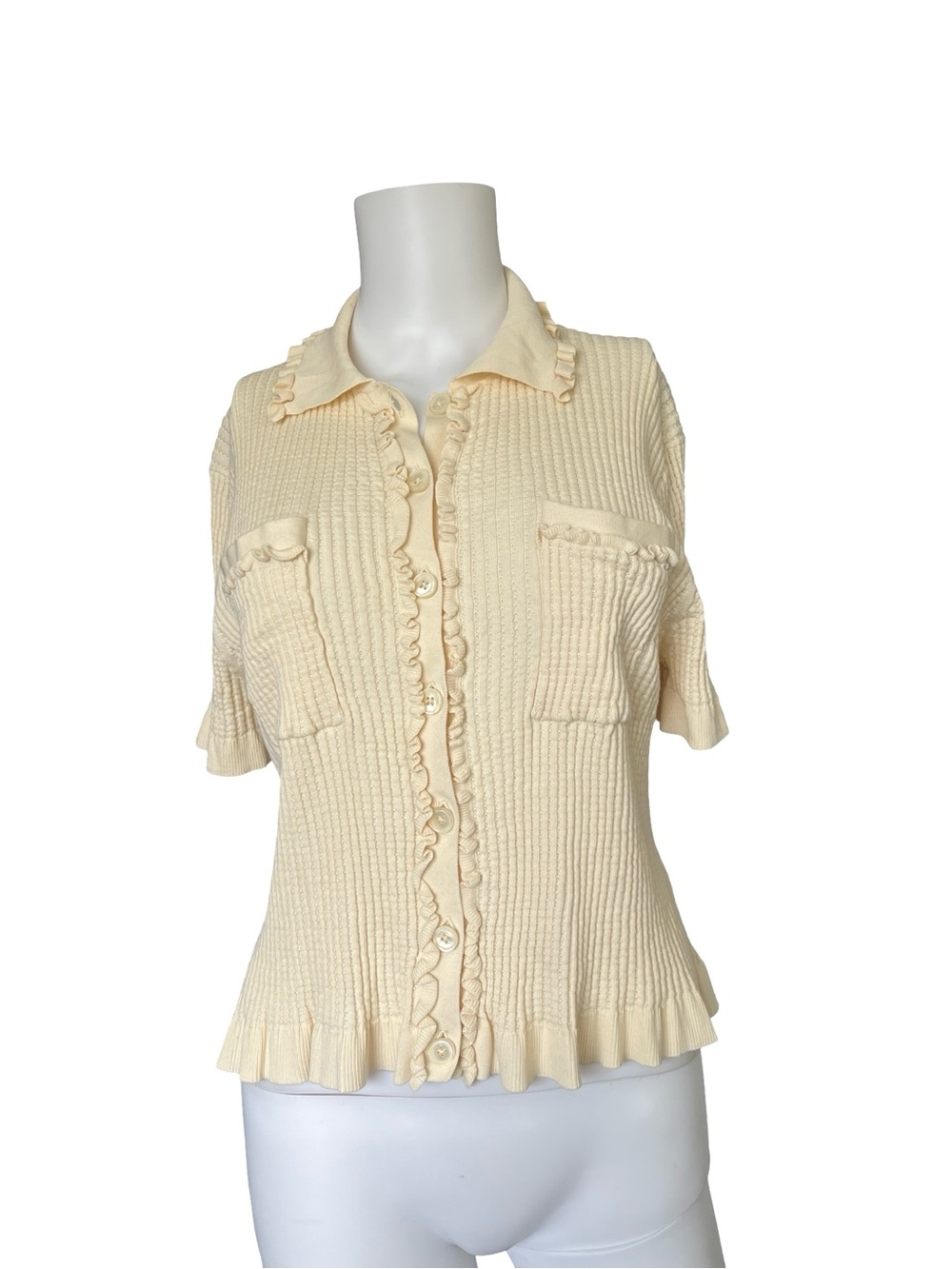 J Crew Pointelle Ruffle Trim Cardigan Ivory Button Up Neutral Womens Size Large